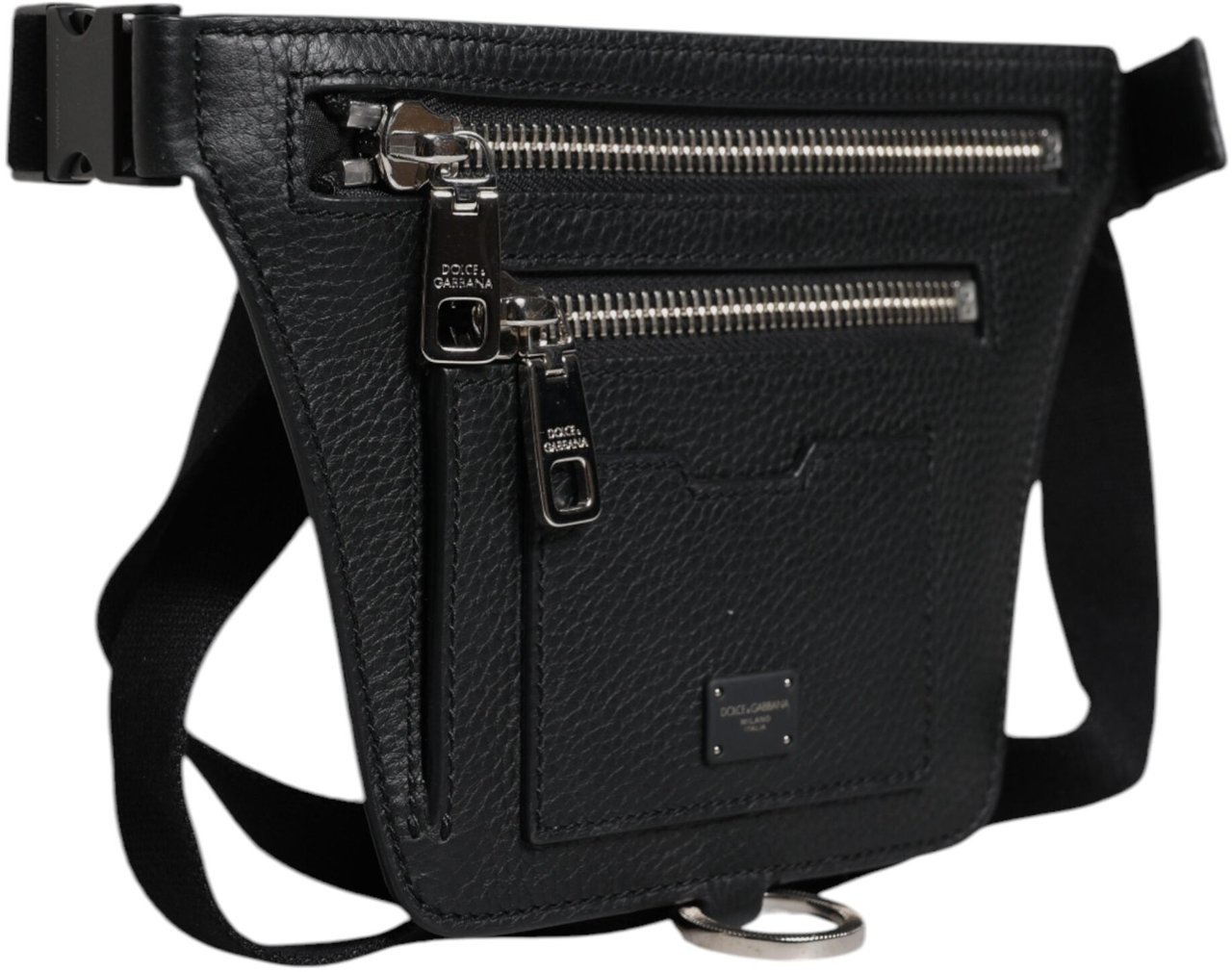 Dolce & Gabbana Black Calfskin Logo Plaque Belt Waist Men Fanny Pack Bag Zwart