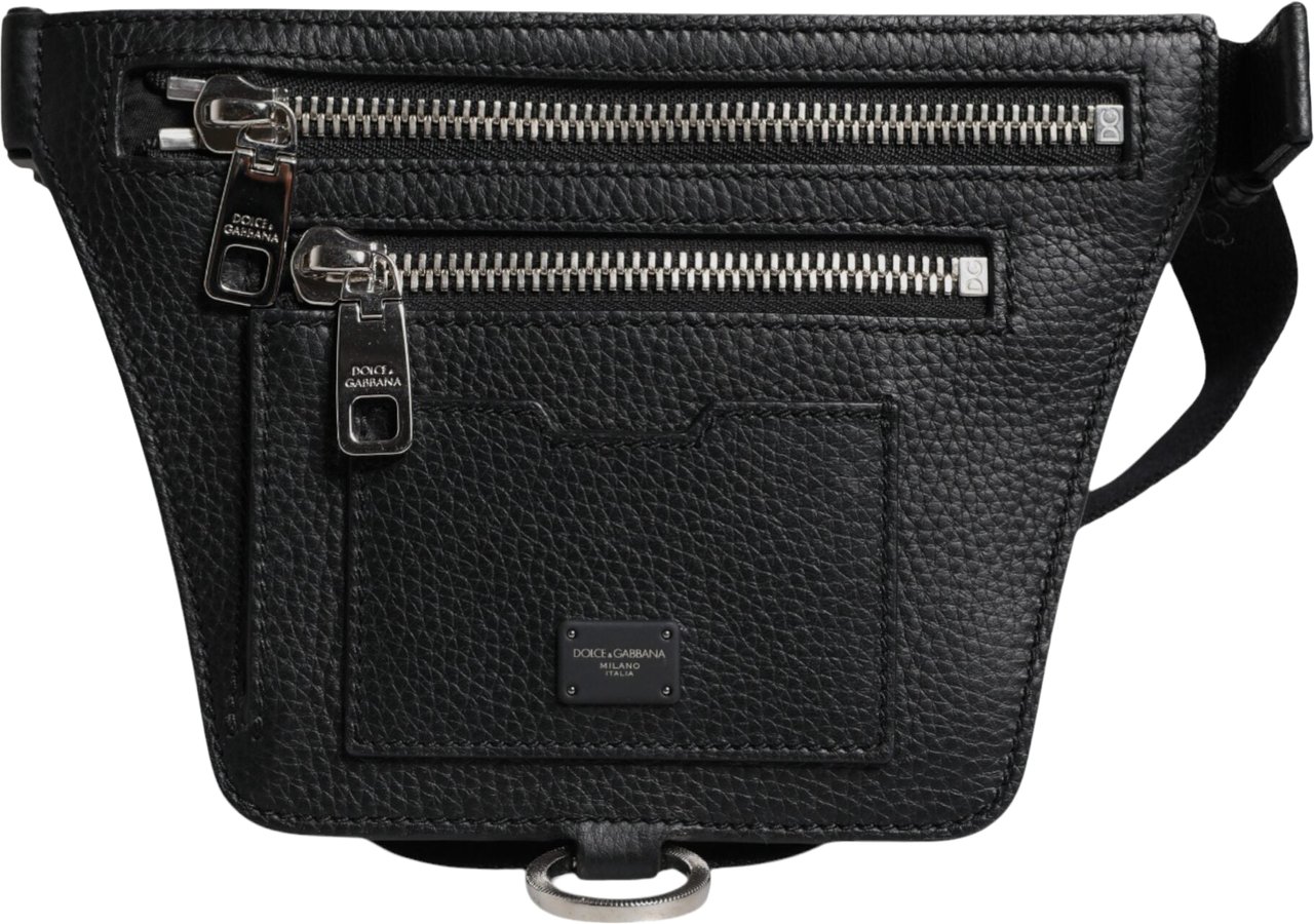 Dolce & Gabbana Black Calfskin Logo Plaque Belt Waist Men Fanny Pack Bag Zwart