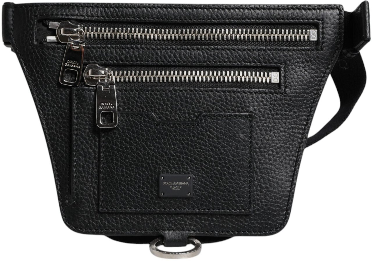 Dolce & Gabbana Black Calfskin Logo Plaque Belt Waist Men Fanny Pack Bag Zwart