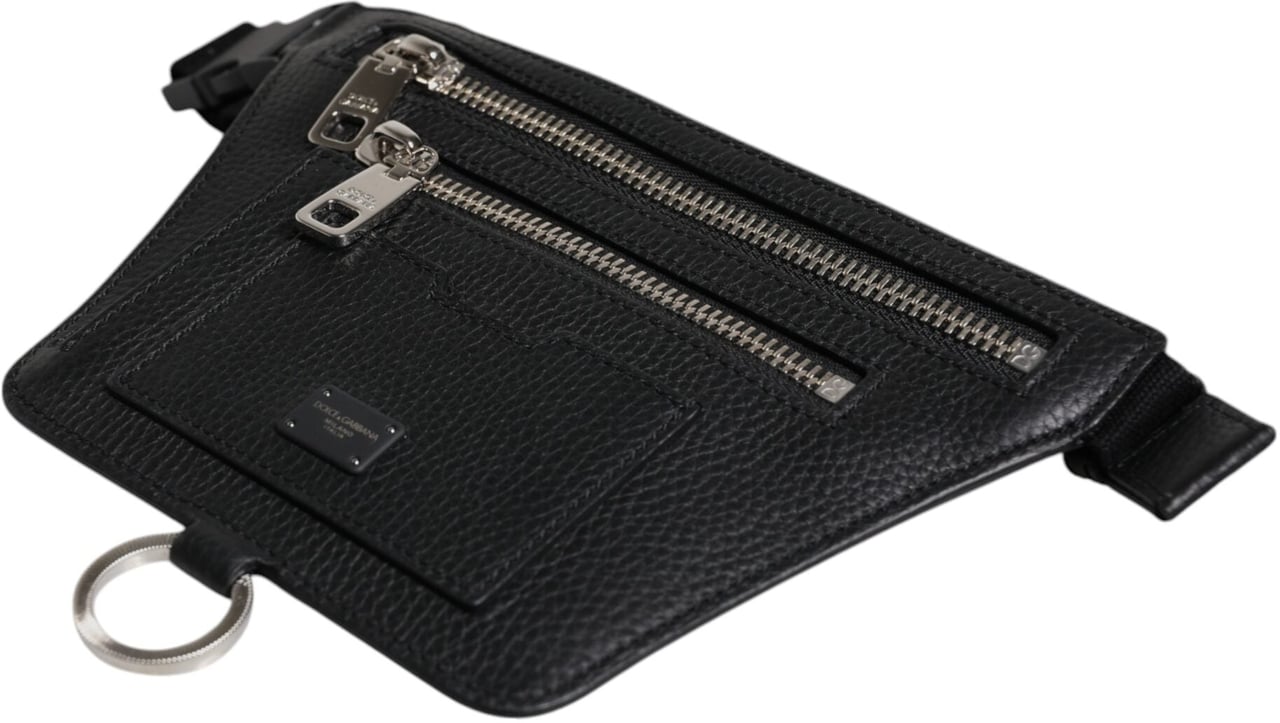 Dolce & Gabbana Black Calfskin Logo Plaque Belt Waist Men Fanny Pack Bag Zwart