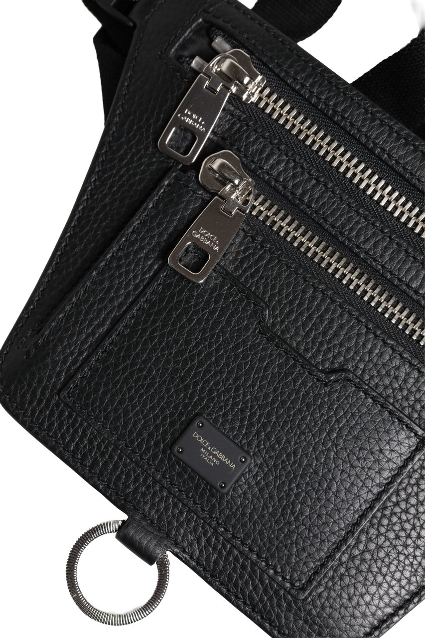 Dolce & Gabbana Black Calfskin Logo Plaque Belt Waist Men Fanny Pack Bag Zwart