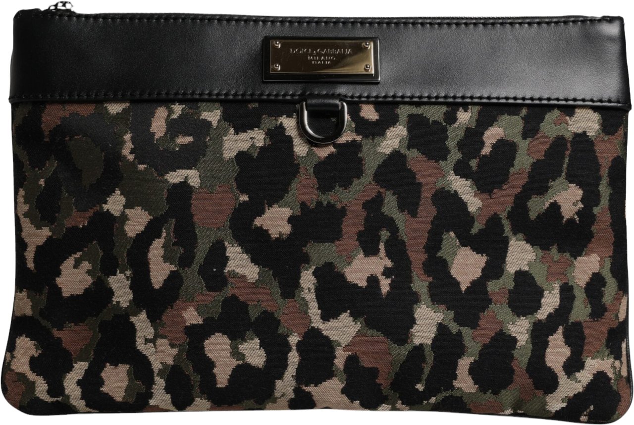 Dolce & Gabbana Multicolor Leopard Jacquard Print Logo Plaque Pouch Bag Divers