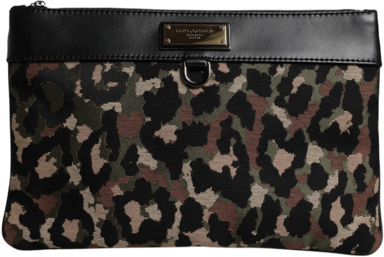 Dolce & Gabbana Multicolor Leopard Jacquard Print Logo Plaque Pouch Bag Divers