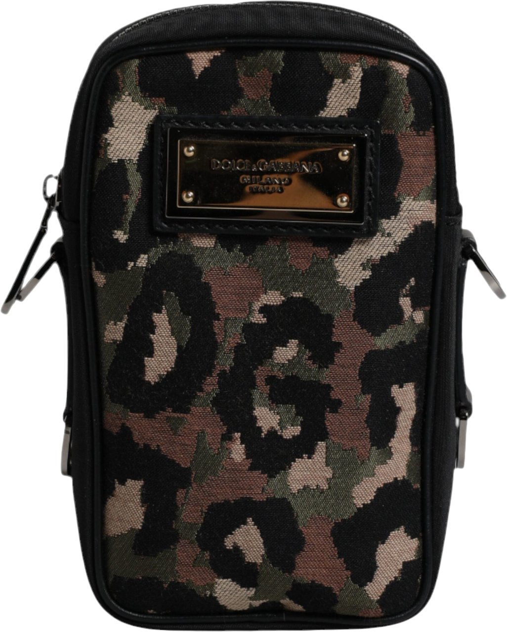 Dolce & Gabbana Multicolor Leopard Jacquard Logo Plaque Neck Strap Bag Zwart