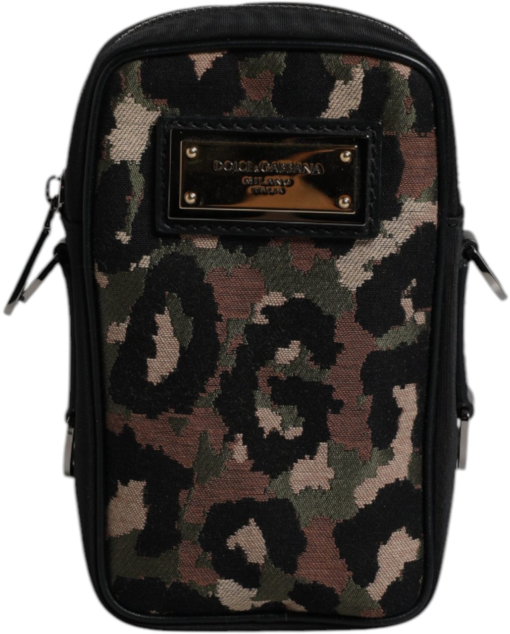Dolce & Gabbana Multicolor Leopard Jacquard Logo Plaque Neck Strap Bag Zwart