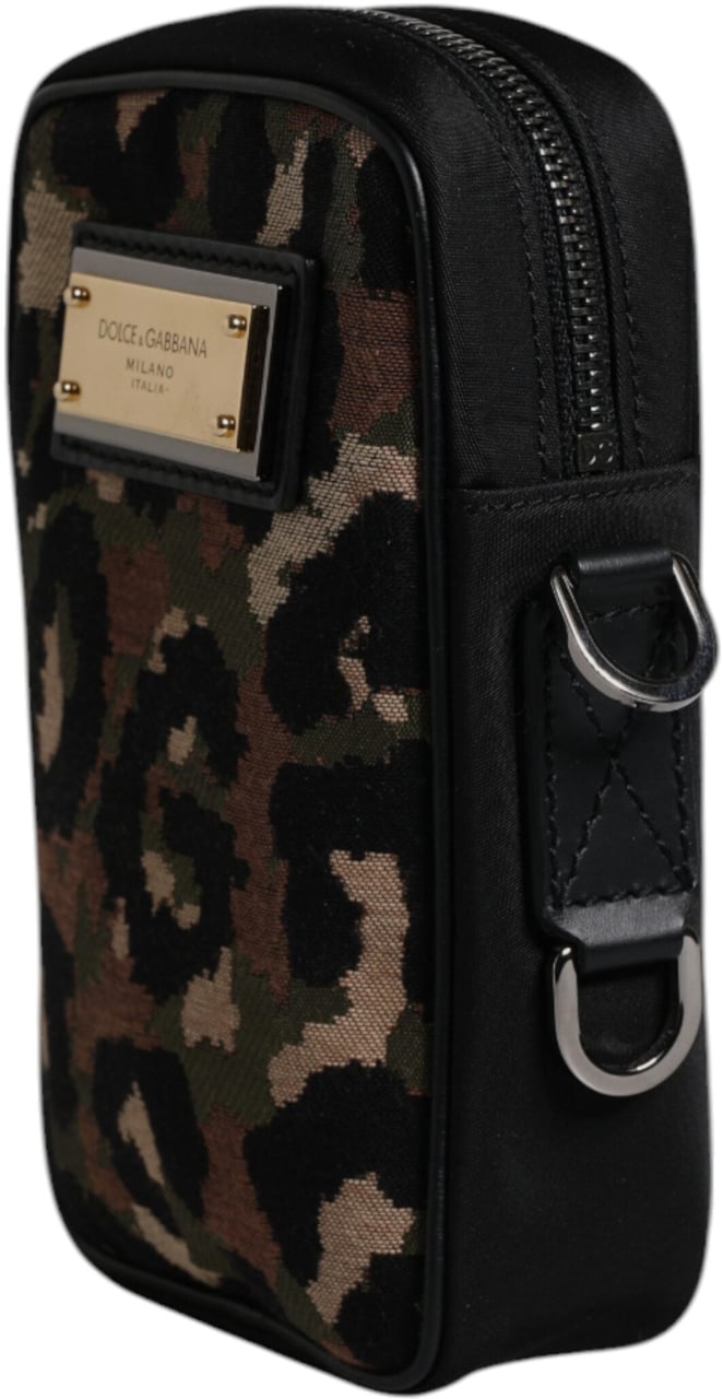 Dolce & Gabbana Multicolor Leopard Jacquard Logo Plaque Neck Strap Bag Zwart