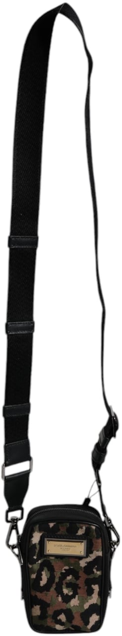 Dolce & Gabbana Multicolor Leopard Jacquard Logo Plaque Neck Strap Bag Zwart