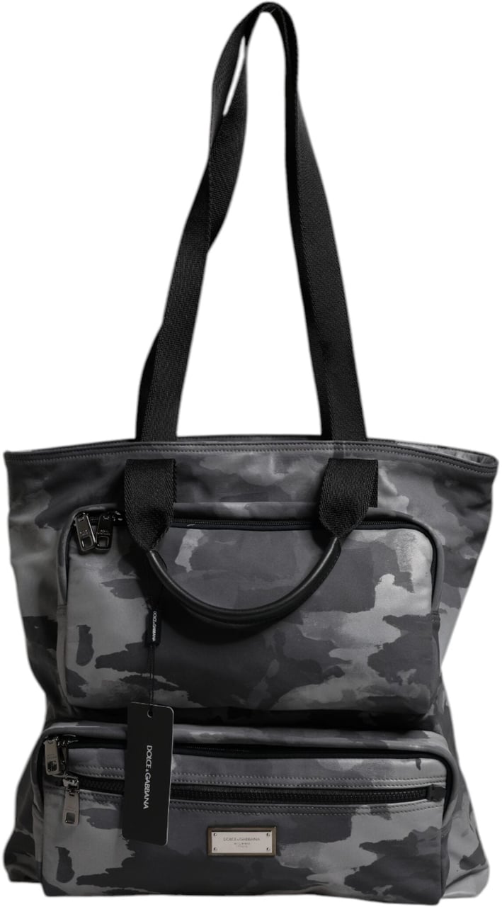 Dolce & Gabbana Gray Camo Cotton Multiple Compartments Tote Bag Grijs