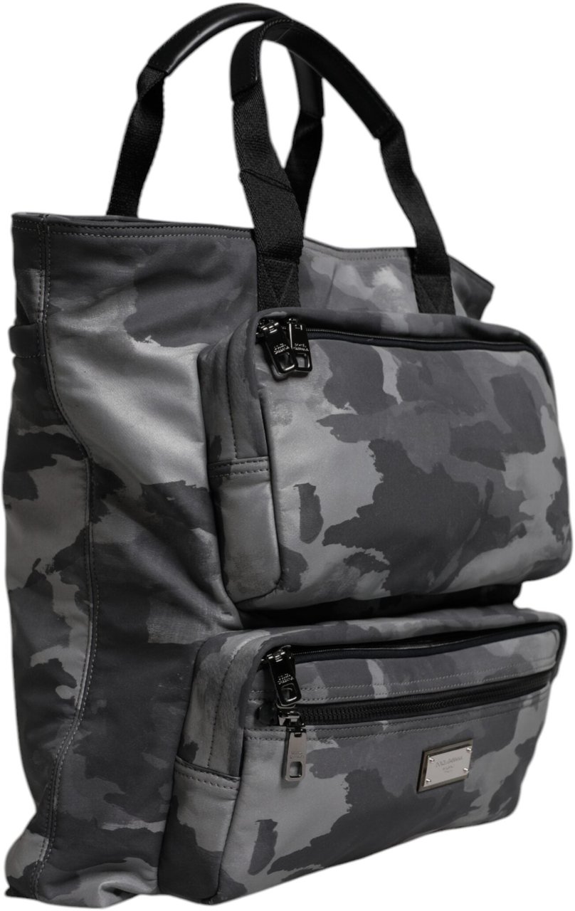 Dolce & Gabbana Gray Camo Cotton Multiple Compartments Tote Bag Grijs