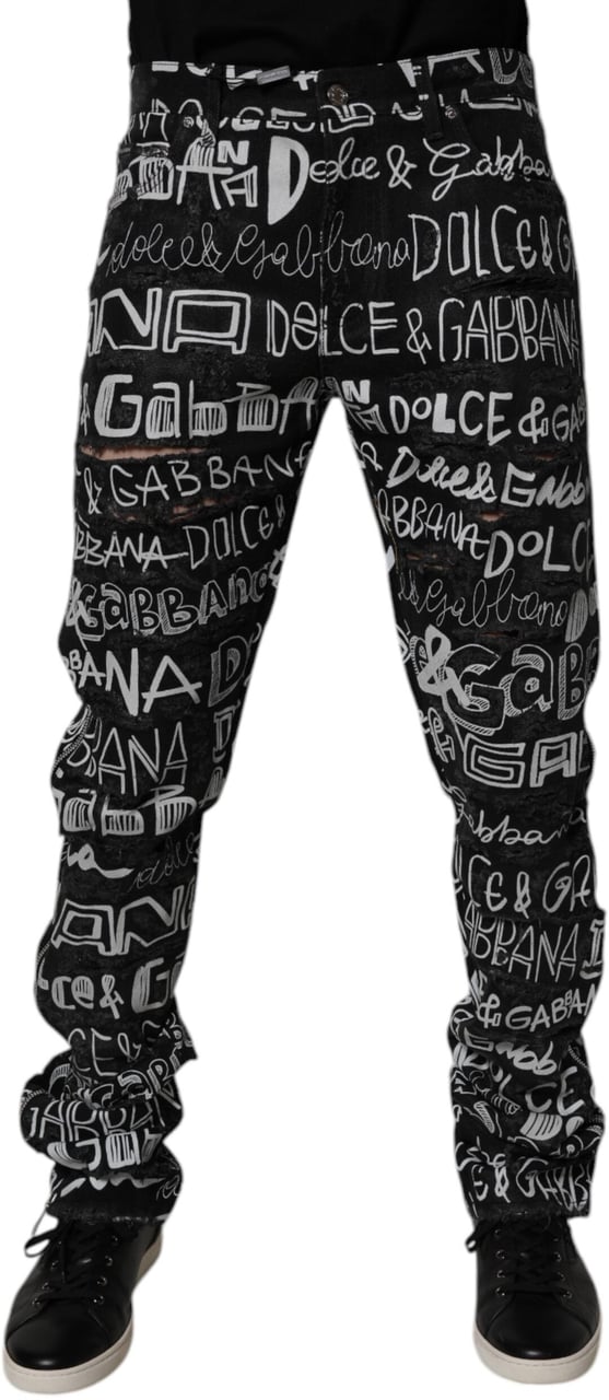 Dolce & Gabbana Black Cotton Logo Print Straight Denim Jeans Zwart