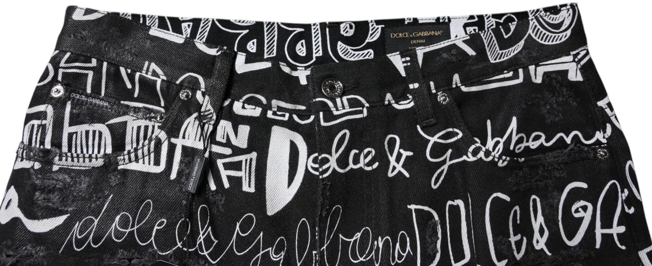 Dolce & Gabbana Black Cotton Logo Print Straight Denim Jeans Zwart