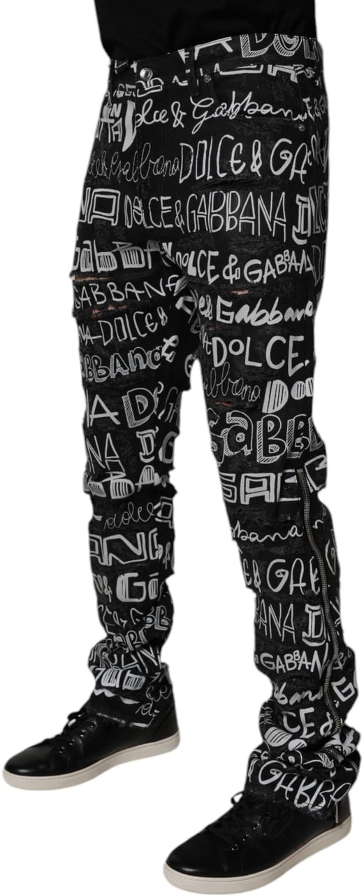 Dolce & Gabbana Black Cotton Logo Print Straight Denim Jeans Zwart