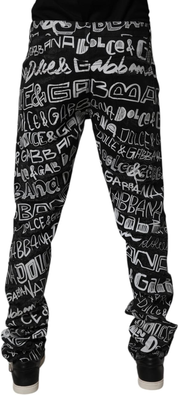 Dolce & Gabbana Black Cotton Logo Print Straight Denim Jeans Zwart