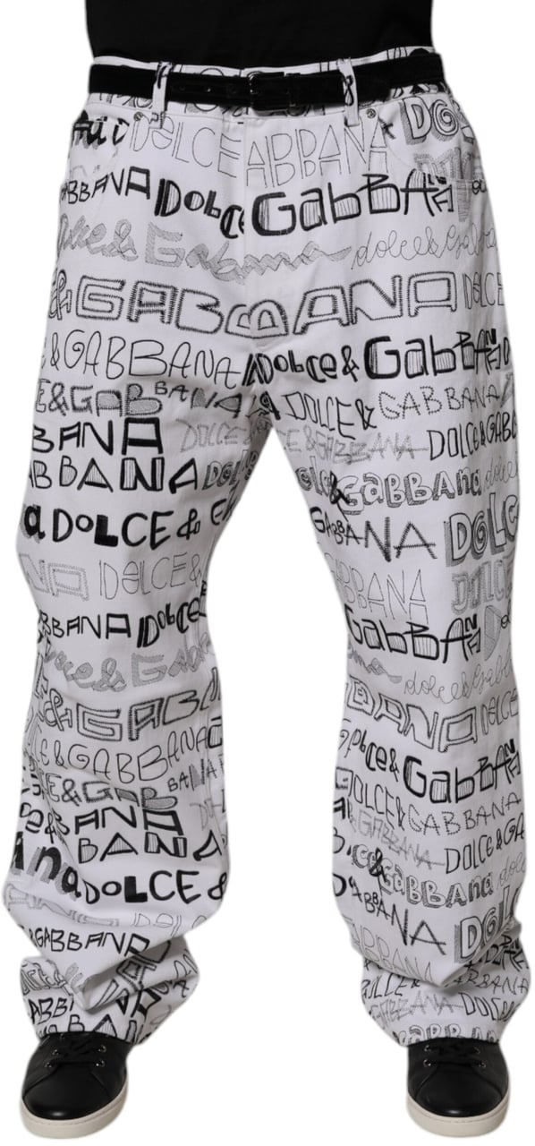 Dolce & Gabbana White Logo Print Straight Men Denim Jeans Wit