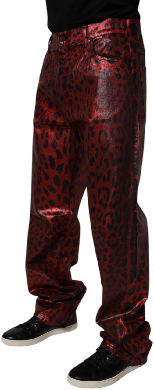 Dolce & Gabbana Red Leopard Cotton Straight Men Denim Jeans Blauw