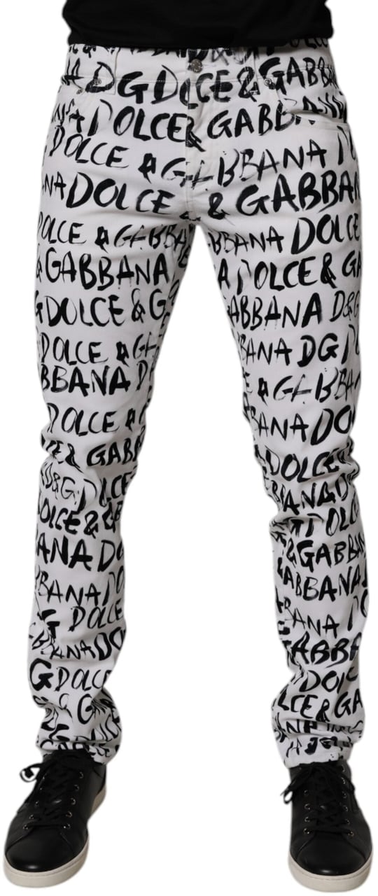 Dolce & Gabbana White Cotton Logo Print Skinny Denim Jeans Divers