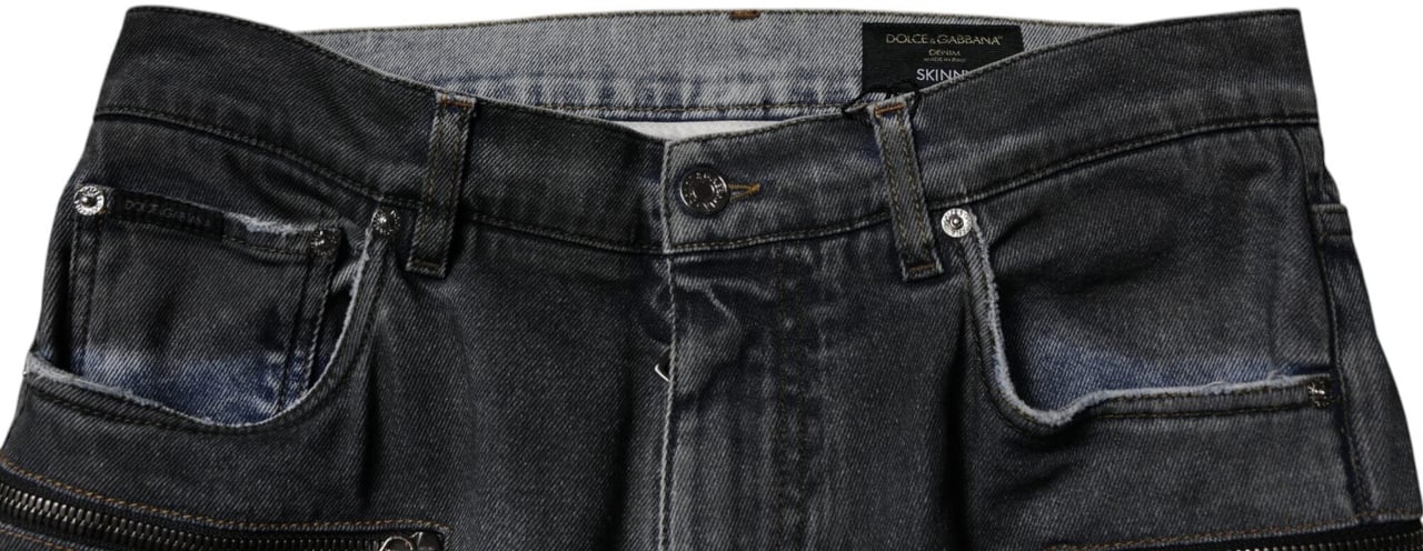 Dolce & Gabbana Dark Gray Tattered Cotton Skinny Denim Jeans Grijs