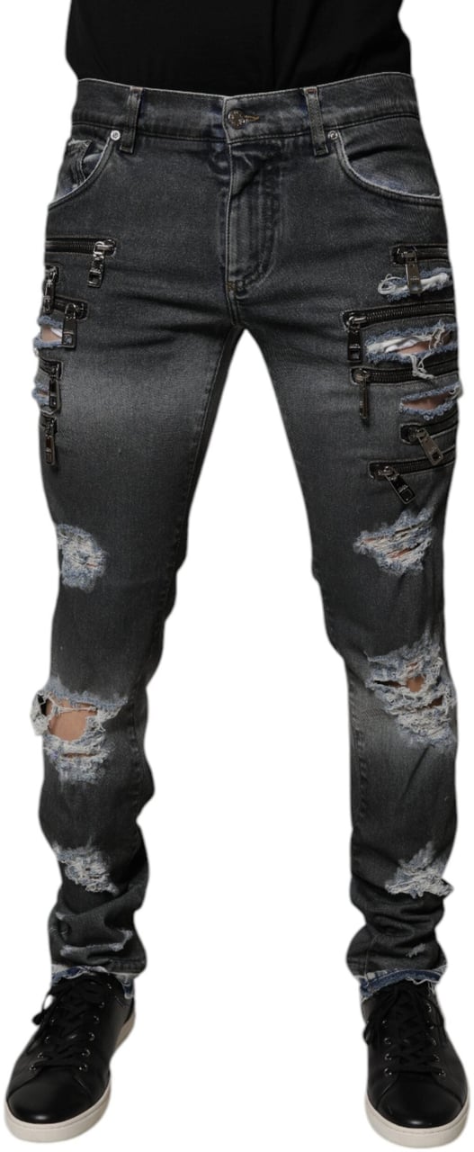 Dolce & Gabbana Dark Gray Tattered Cotton Skinny Denim Jeans Grijs
