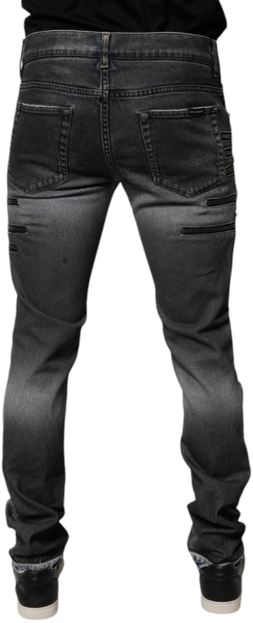 Dolce & Gabbana Dark Gray Tattered Cotton Skinny Denim Jeans Grijs