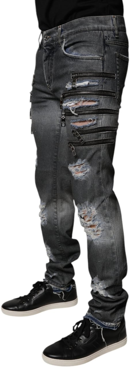 Dolce & Gabbana Dark Gray Tattered Cotton Skinny Denim Jeans Grijs
