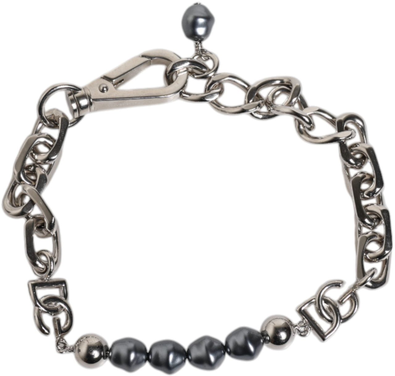 Dolce & Gabbana Silver Tone Chain Lobster Clasp Logo Gray Pearls Bracelet Zilver