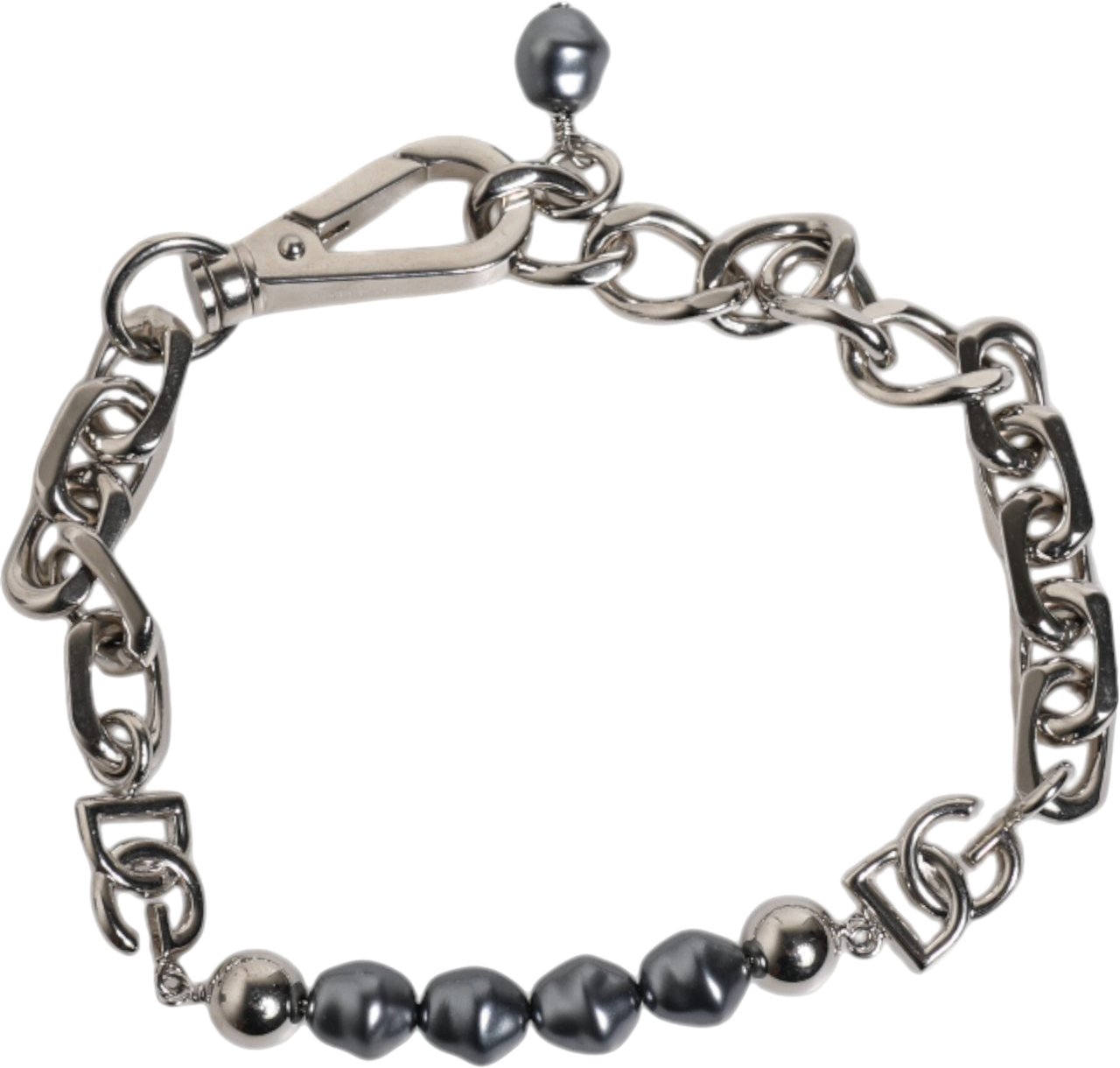 Dolce & Gabbana Silver Tone Chain Lobster Clasp Logo Gray Pearls Bracelet Zilver