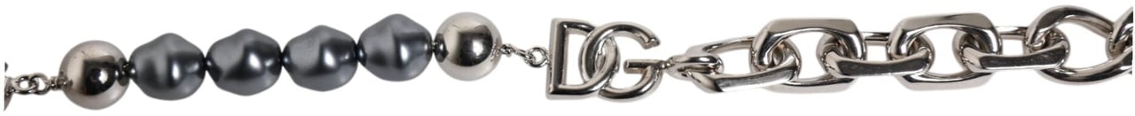 Dolce & Gabbana Silver Tone Chain Lobster Clasp Logo Gray Pearls Bracelet Zilver