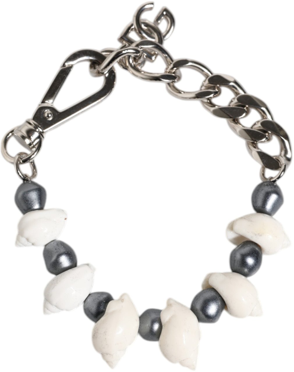 Dolce & Gabbana Silver Tone Brass Beaded Shell DG Logo Pendant Bracelet Divers