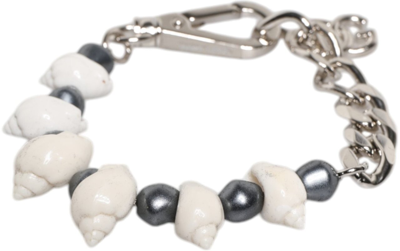 Dolce & Gabbana Silver Tone Brass Beaded Shell DG Logo Pendant Bracelet Divers