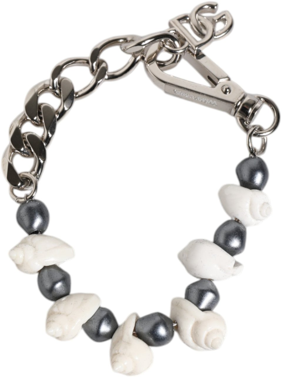 Dolce & Gabbana Silver Tone Brass Beaded Shell DG Logo Pendant Bracelet Divers