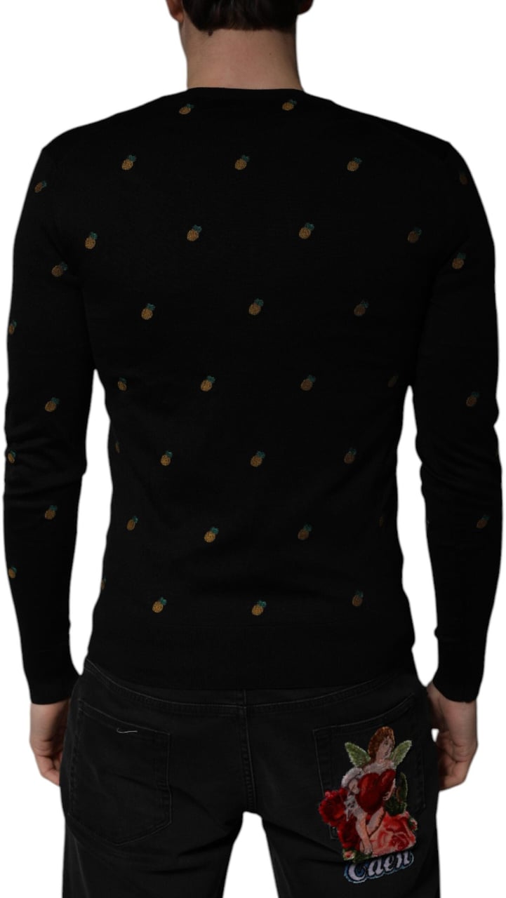 Dolce & Gabbana Black Pineapple Crew Neck Pullover Sweater Zwart