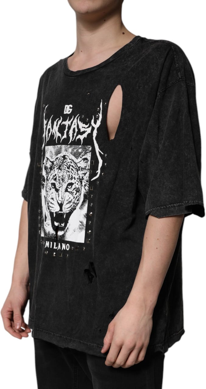 Dolce & Gabbana Black Graphic Print Cotton Crew Neck T-shirt Zwart