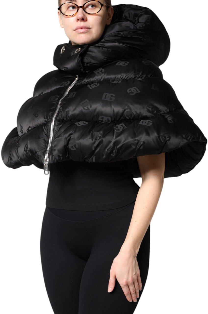 Dolce & Gabbana Black Padded Puffer Hooded Full Zip Cropped Jacket Zwart