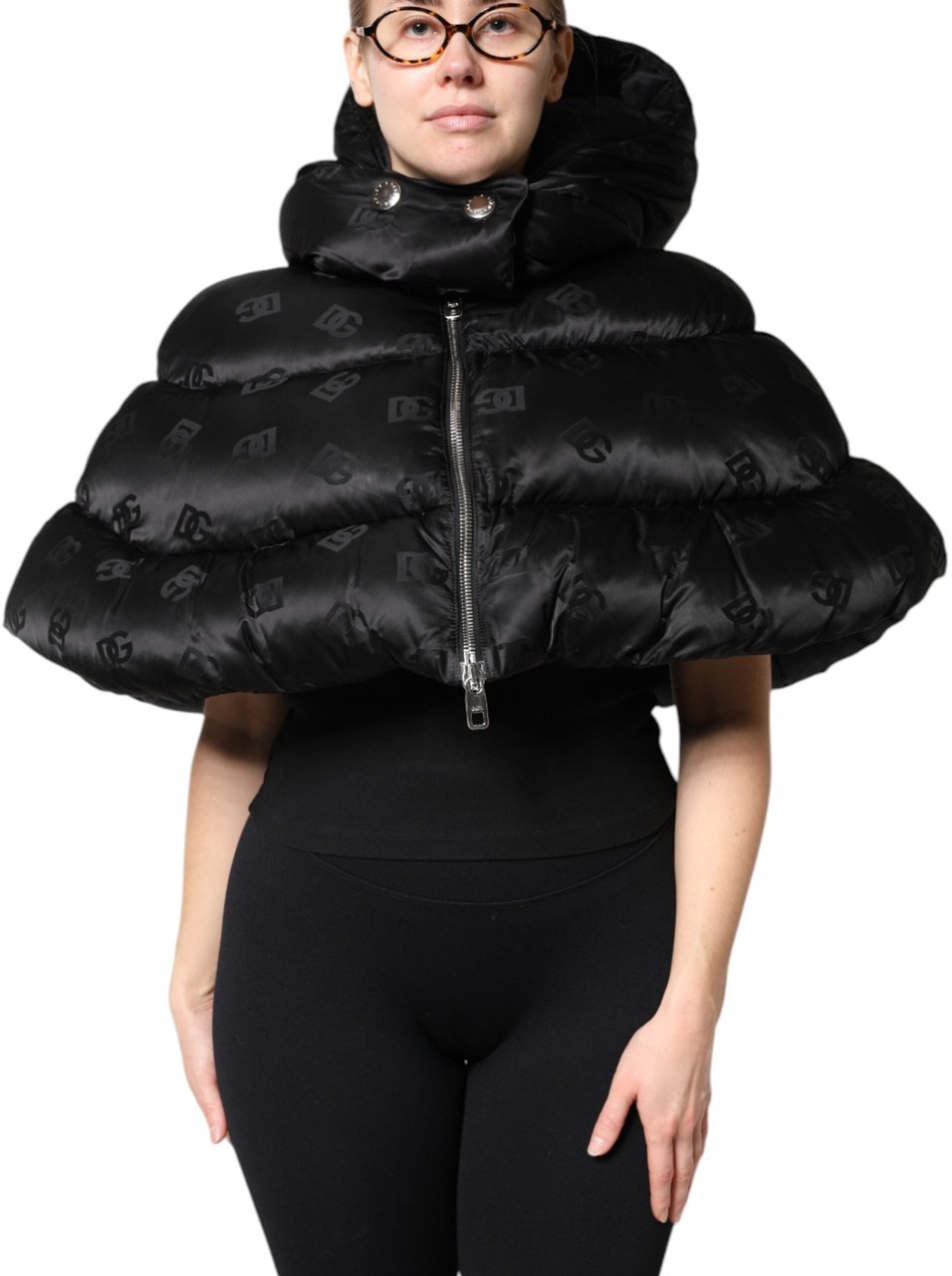 Dolce & Gabbana Black Padded Puffer Hooded Full Zip Cropped Jacket Zwart