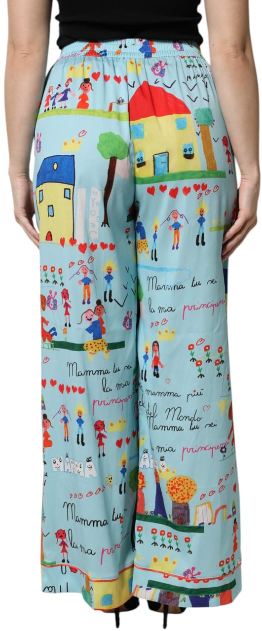 Dolce & Gabbana Light Blue Drawing Mid Waist Wide Leg Pants Lichtblauw