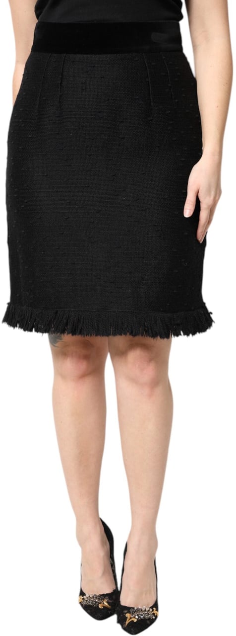 Dolce & Gabbana Black Wool Fringe High Waist Pencil Mini Skirt Zwart