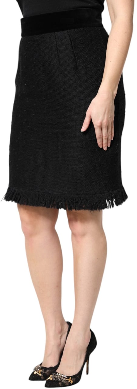 Dolce & Gabbana Black Wool Fringe High Waist Pencil Mini Skirt Zwart