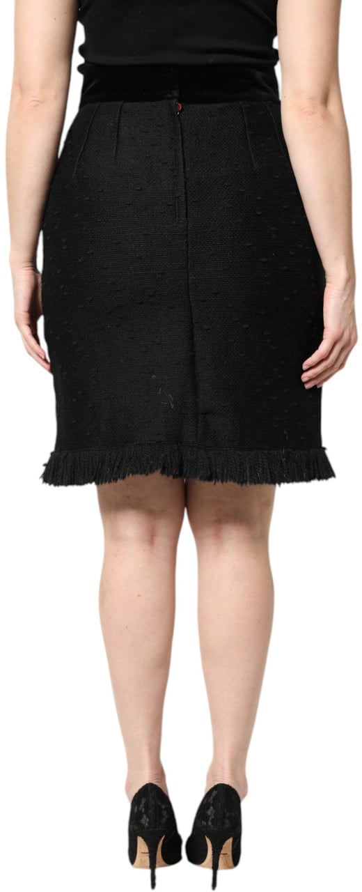 Dolce & Gabbana Black Wool Fringe High Waist Pencil Mini Skirt Zwart