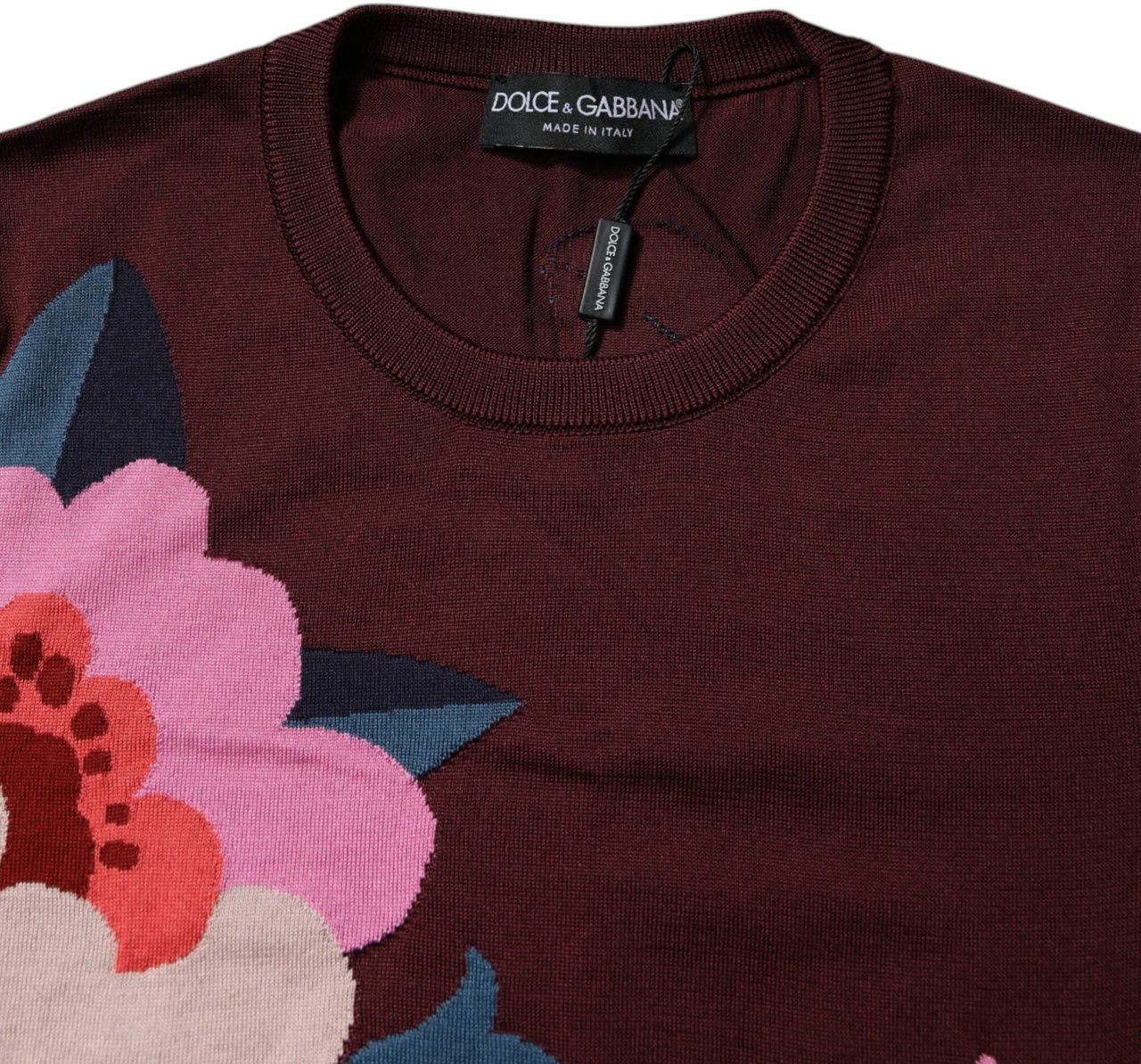 Dolce & Gabbana Maroon Floral Silk Crew Neck Blouse Top Maroon