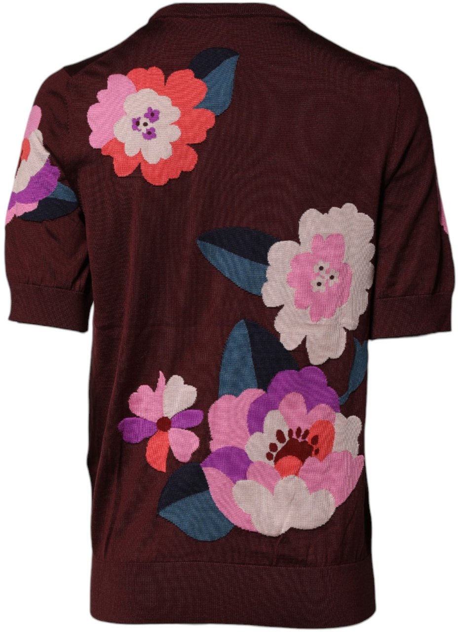 Dolce & Gabbana Maroon Floral Silk Crew Neck Blouse Top Maroon