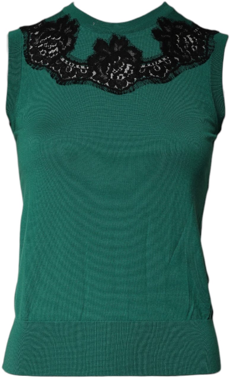 Dolce & Gabbana Green Wool Lace Detail Sleeveless Tank Top Groen