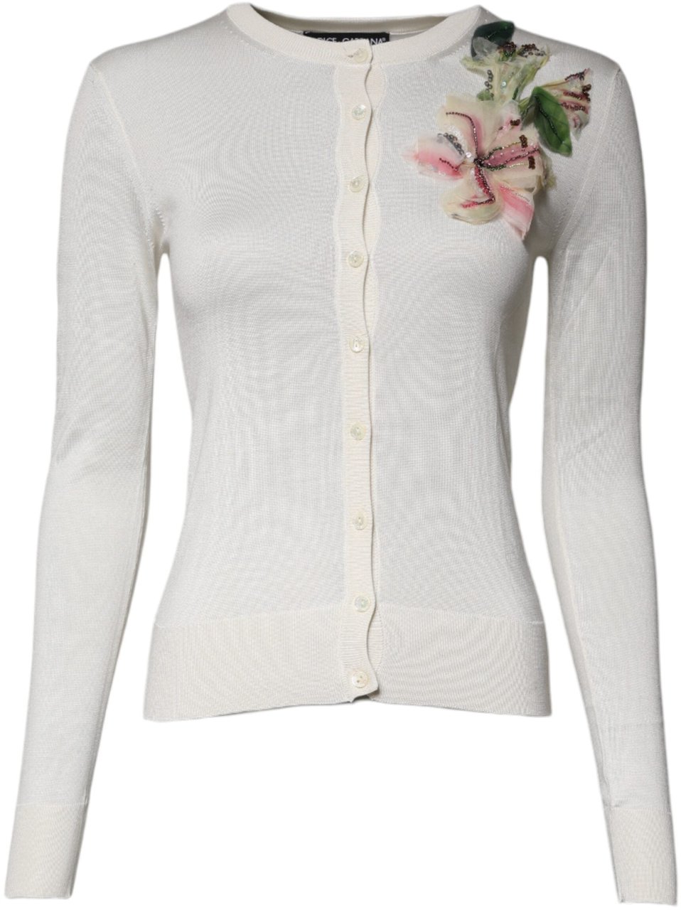 Dolce & Gabbana Cream Floral Silk Embellished Cardigan Sweater Beige