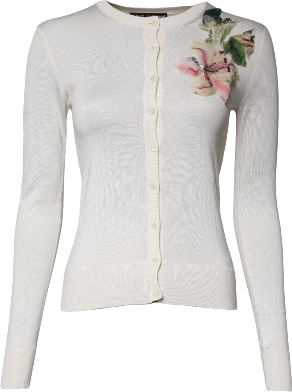 Dolce & Gabbana Cream Floral Silk Embellished Cardigan Sweater Beige