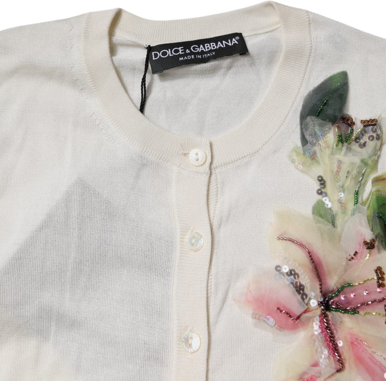 Dolce & Gabbana Cream Floral Silk Embellished Cardigan Sweater Beige