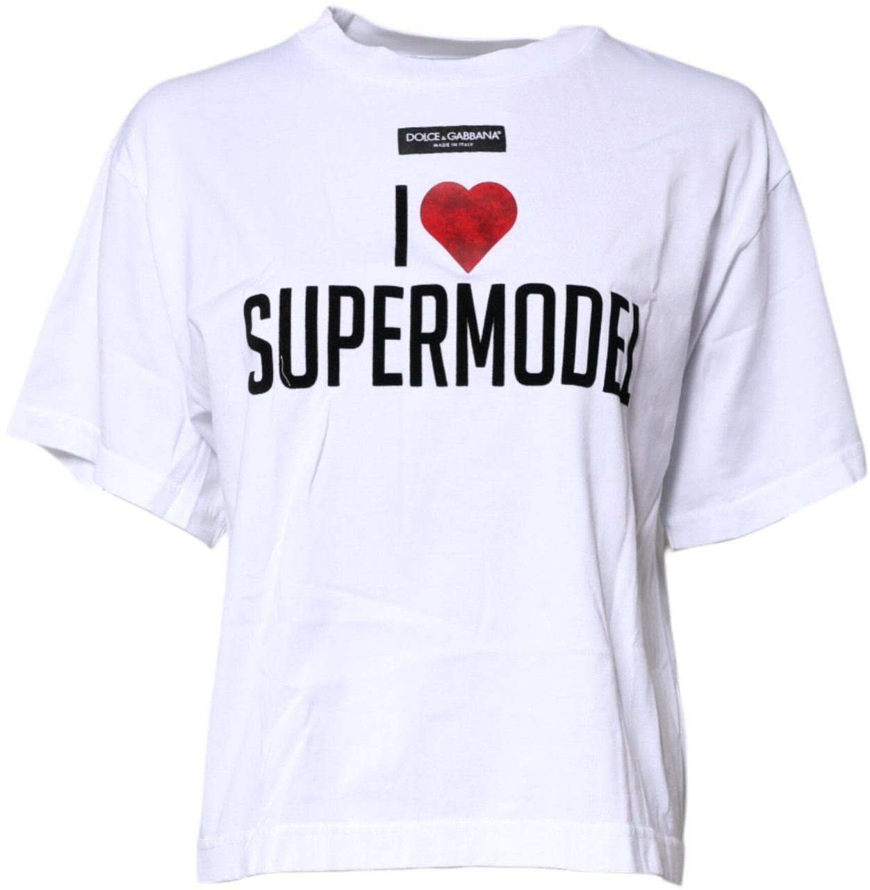 Dolce & Gabbana White Printed Round Neck Top Cotton T-shirt Zwart