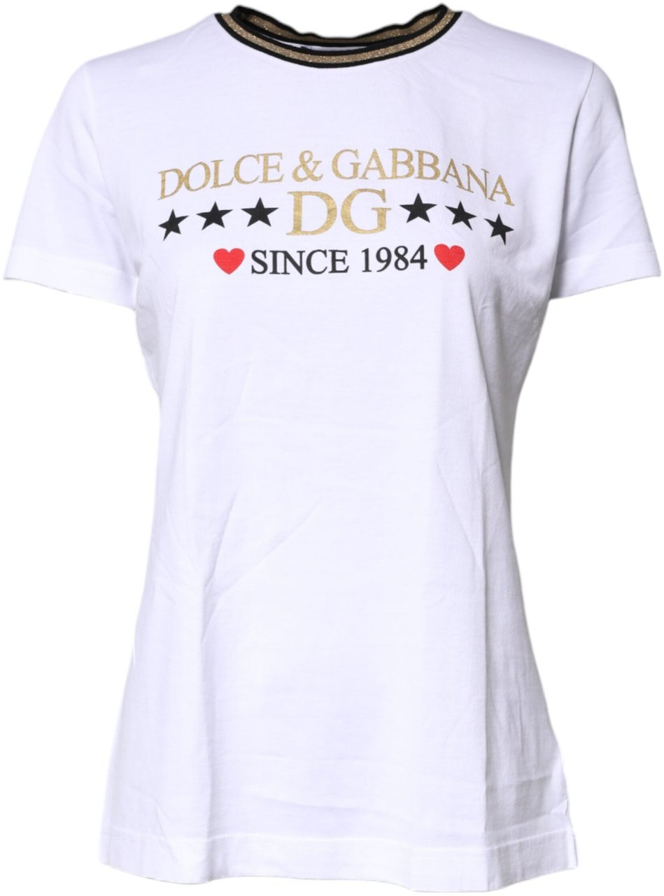 Dolce & Gabbana White Printed Round Neck Top Cotton T-shirt Wit