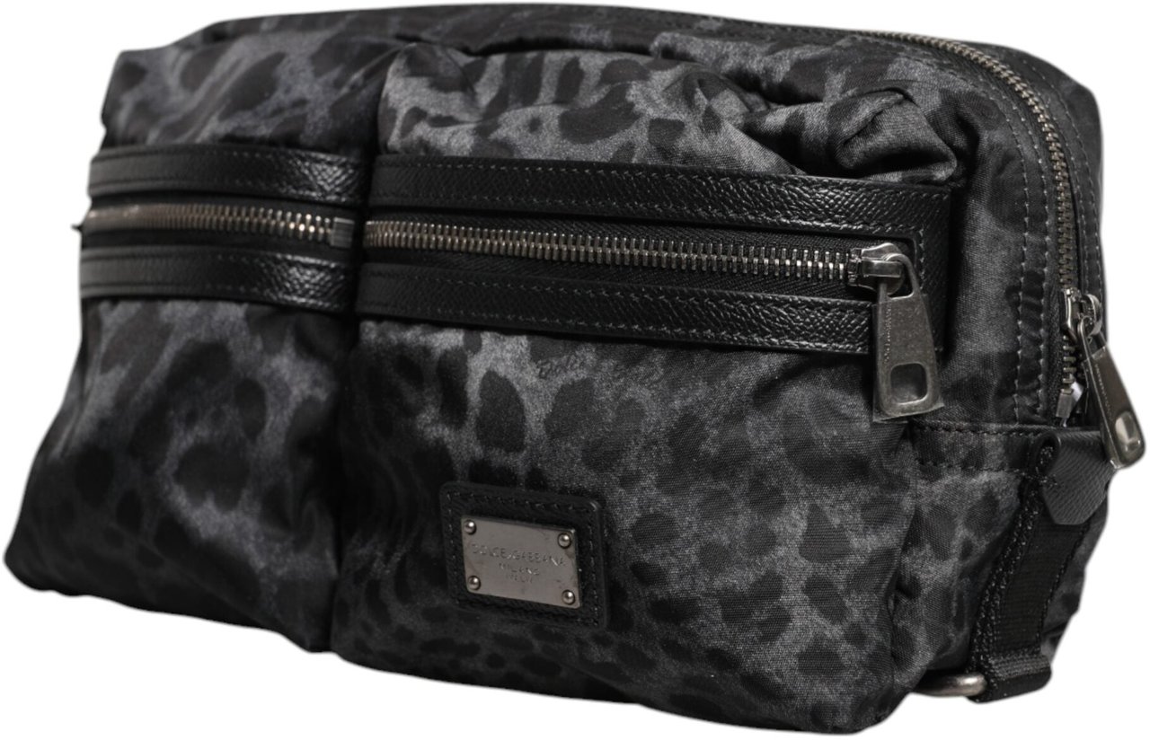 Dolce & Gabbana Black Gray Leopard DG Logo Belt Waist Fanny Pack Bag Divers