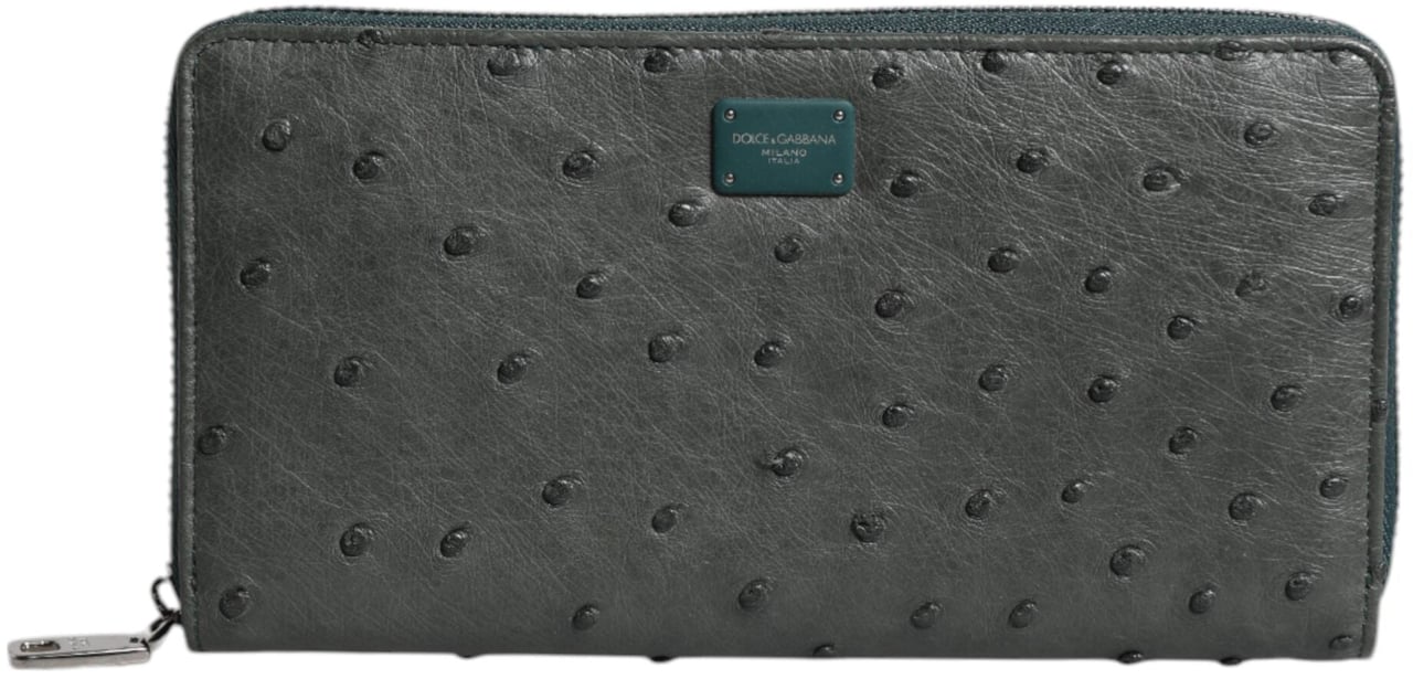 Dolce & Gabbana Green Ostrich Logo Plaque Zip Around Continental Wallet Groen