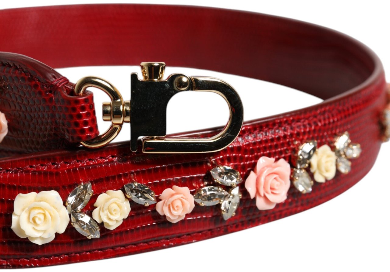 Dolce & Gabbana Red Leather Floral Embellish Bag Shoulder Strap Rood