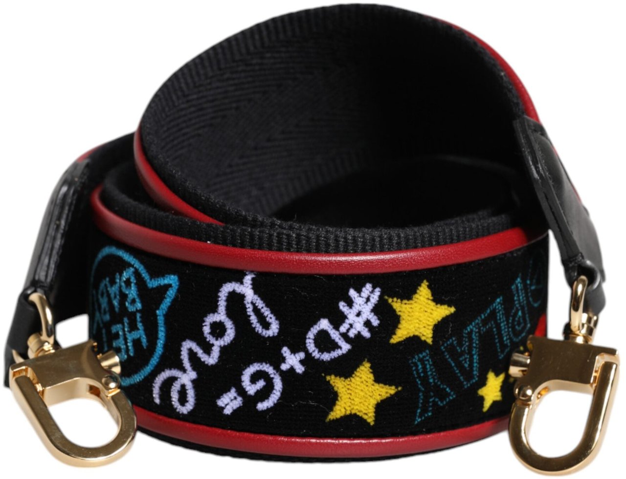 Dolce & Gabbana Black Cotton Printed Bag Shoulder Strap Zwart